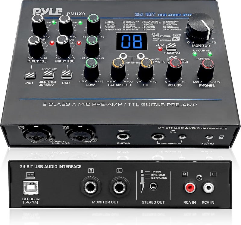Pyle USB Audio Interface - MIC/LINE - Guitar - AUX Stereo & RCA Inputs - Preset 24 Digital Effects - Phantom Power - Phone/Stereo/Monitor/Headphone Outputs - For Computer Playing & Recording - PMUX9 - Image 1